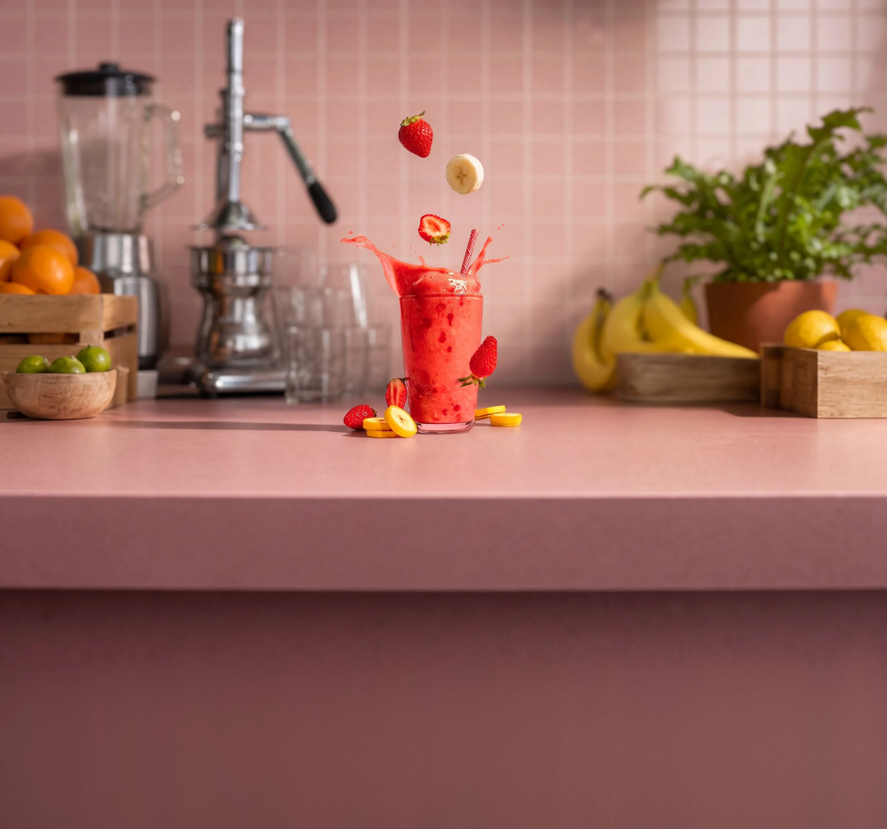 The same smoothie on the counter of a pink-tiled juice bar, with fruit, a blender and a citrus press